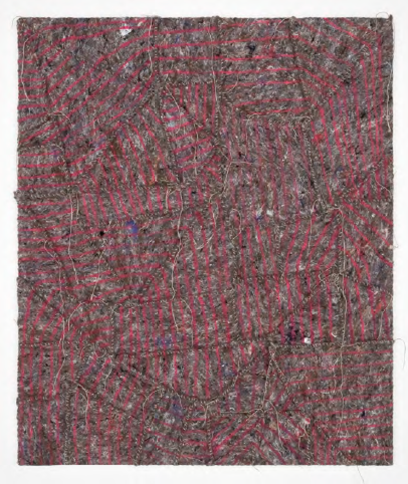 Josh Faught. Untitled, 2012; disaster blanket, nail polish, and linen thread on canvas; 43 x 36 x 2 in. Courtesy of the Artist.