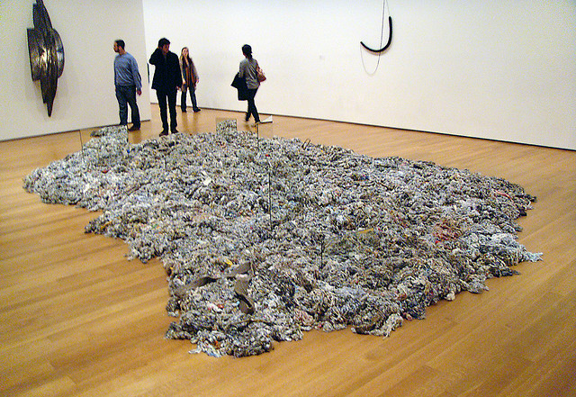 Robert Morris: Untitled 1968, felt, asphalt, mirrors, wood, copper tubing, steel cable, and lead, at; MoMA, New York