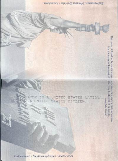 Message in a US passport issued to an American Samoan. The message indicates that the passport holder is a US national and not a US citizen.